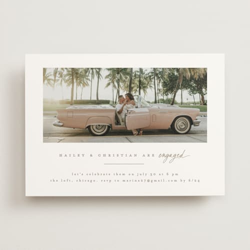 This is a moonstone engagement party invitations with standard by Creo Study called cinemascopic printing on signature in standard