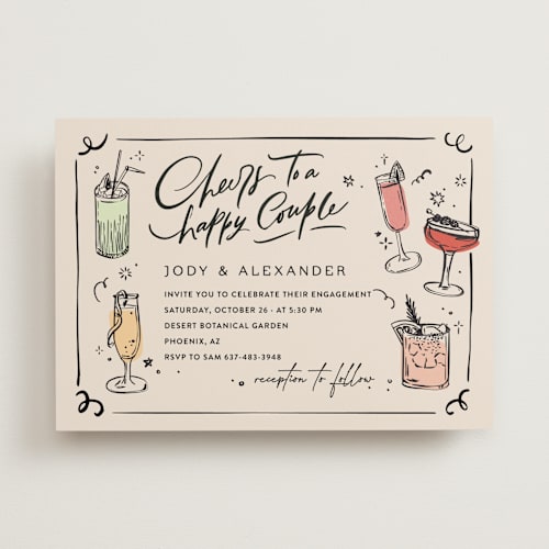 This is a creme engagement party invitations with standard by Anastasia Makarova called cheers to a happy couple printing on signature in standard