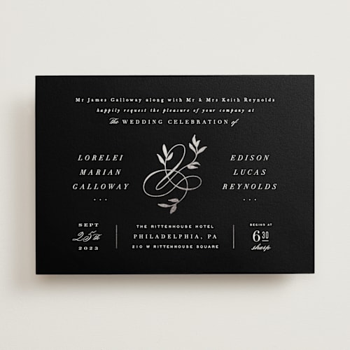 This is a onyx foil stamped wedding invitations with foil pressed by Hooray Creative called botanical ampersand printing on signature in standard