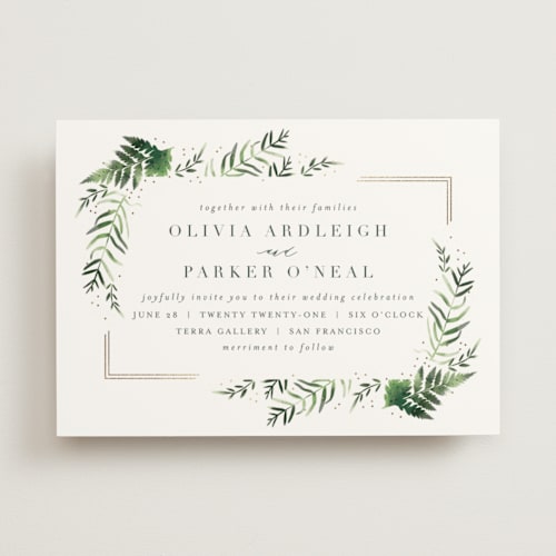 This is a leaf foil stamped wedding invitations with foil pressed by Kristie Kern called framed in ferns printing on signature in standard