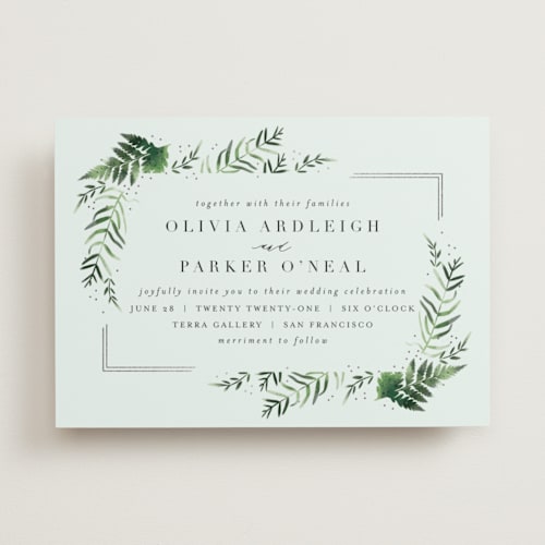 This is a sky foil stamped wedding invitations with foil pressed by Kristie Kern called framed in ferns printing on signature in standard