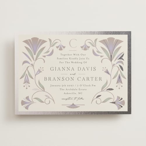This is a vanilla foil stamped wedding invitations with foil pressed by Lori Wemple called deco nouveau printing on signature in standard