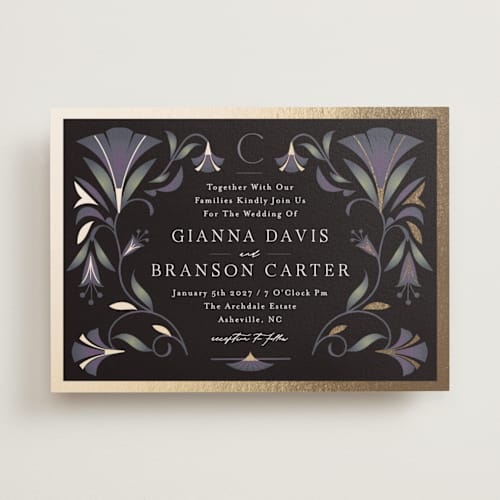 This is a midnight foil stamped wedding invitations with foil pressed by Lori Wemple called deco nouveau printing on signature in standard