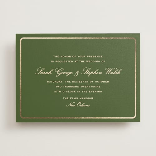 This is a olive foil stamped wedding invitations with foil pressed by Megan Davis called aperitif printing on signature in standard