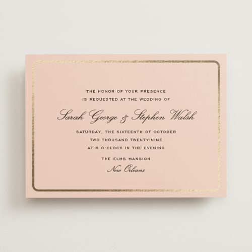 This is a peach foil stamped wedding invitations with foil pressed by Megan Davis called aperitif printing on signature in standard