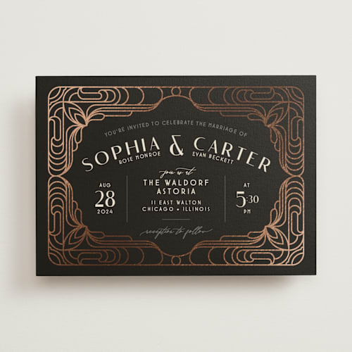 This is a midnight foil stamped wedding invitations with foil pressed by GeekInk Design called geometric deco printing on signature in standard
