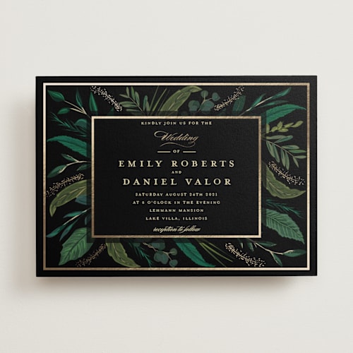 This is a midnight foil stamped wedding invitations with foil pressed by Susan Moyal called emerald leaves printing on signature in standard