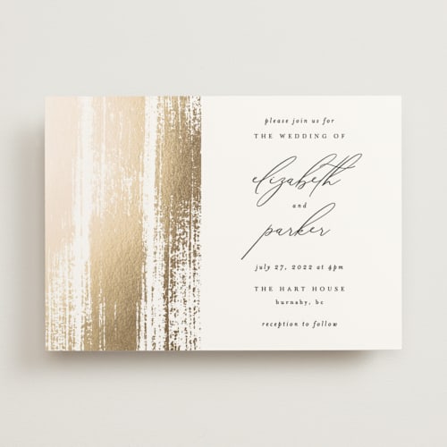 This is a classic white foil stamped wedding invitations with foil pressed by Kelly Schmidt called brushed accent printing on signature in standard