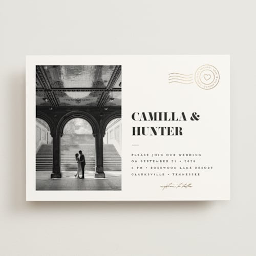 This is a snow foil stamped wedding invitations with foil pressed by FRANI called golden stamp printing on signature in standard