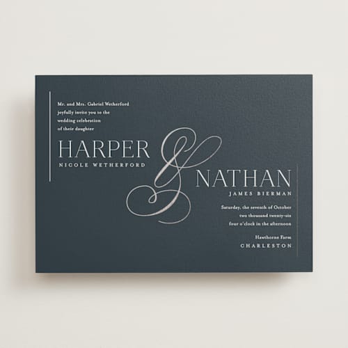 This is a navy foil stamped wedding invitations with foil pressed by Jessica Williams called fantasia printing on signature in standard