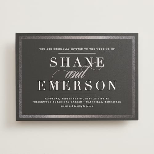 This is a slate foil stamped wedding invitations with foil pressed by Jessica Williams called bold classic printing on signature in standard