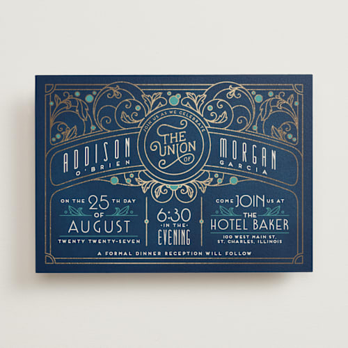This is a goldenrod foil stamped wedding invitations with foil pressed by GeekInk Design called ornate deco printing on signature in standard