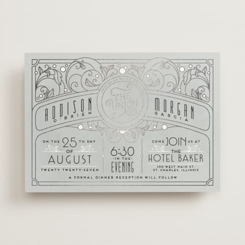 This is a slate foil stamped wedding invitations with foil pressed by GeekInk Design called ornate deco printing on signature in standard