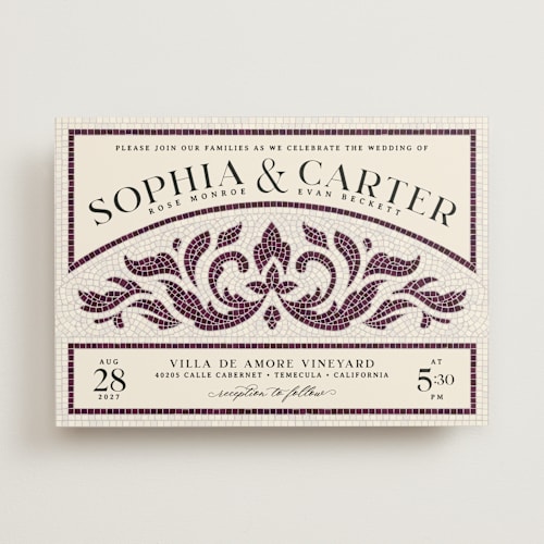This is a plum wedding invitations with standard by GeekInk Design called floral mosaic printing on signature in standard