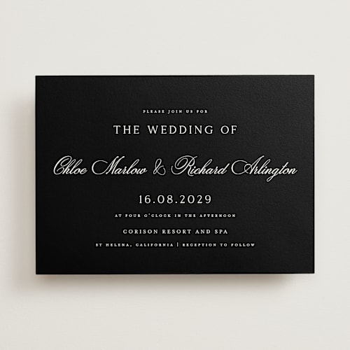 This is a midnight wedding invitations with standard by Kelly Schmidt called landscape script printing on signature in standard