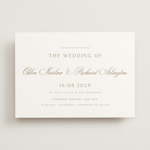 This is a golden wedding invitations with standard by Kelly Schmidt called landscape script printing on signature in standard