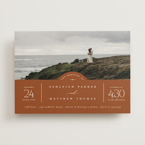 This is a terracotta wedding invitations with standard by Heather Schertzer called panoramic printing on signature in standard