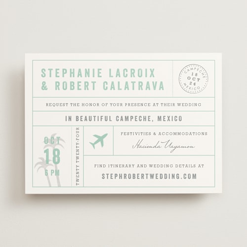 This is a seafoam wedding invitations with standard by Sarah Curry called passport printing on signature in standard