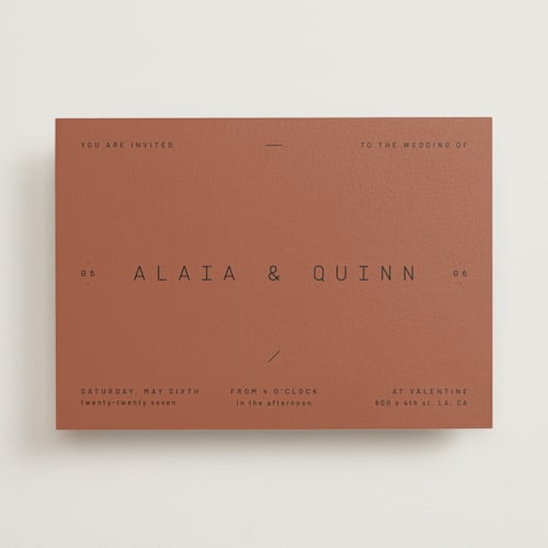 This is a terracotta wedding invitations with standard by Blustery August called alaia printing on signature in standard