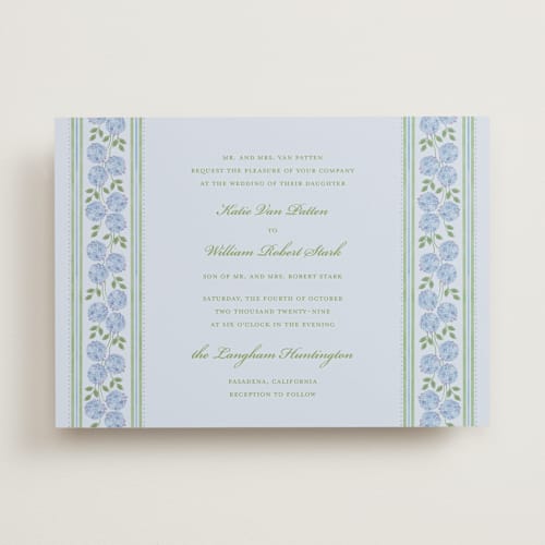 This is a coastal wedding invitations with standard by Madhvi Samimi called hydrangea vines printing on signature in standard
