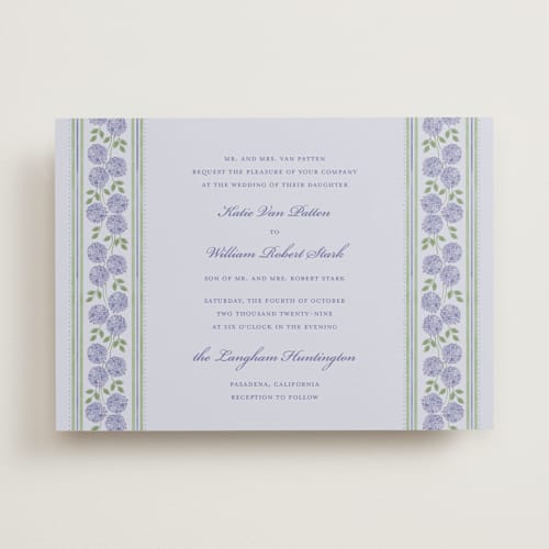 This is a lavender wedding invitations with standard by Madhvi Samimi called hydrangea vines printing on signature in standard