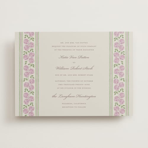 This is a blush wedding invitations with standard by Madhvi Samimi called hydrangea vines printing on signature in standard