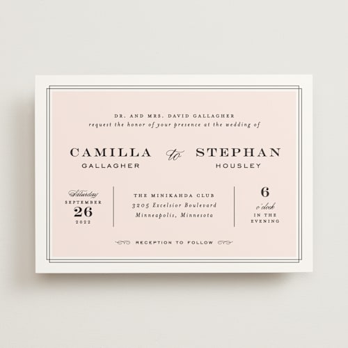 This is a blush wedding invitations with standard by Maddy Hague called simply framed printing on signature in standard