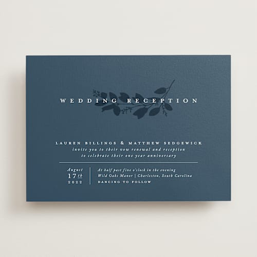 This is a indigo wedding invitations with standard by Amy Kross called falling branch printing on signature in standard