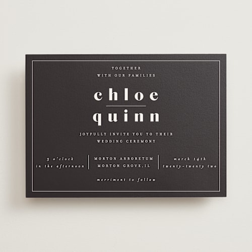 This is a charcoal wedding invitations with standard by Nazia Hyder called epithet printing on signature in standard
