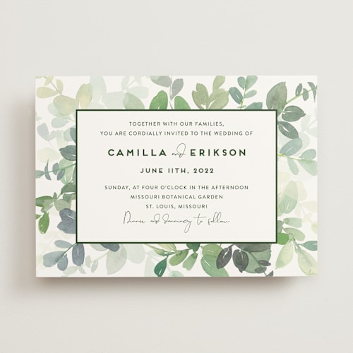 This is a garden wedding invitations with standard by Yao Cheng Design called soft eucalyptus printing on signature in standard