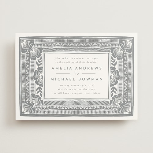 This is a granite wedding invitations with standard by Katharine Watson called block print frame printing on signature in standard