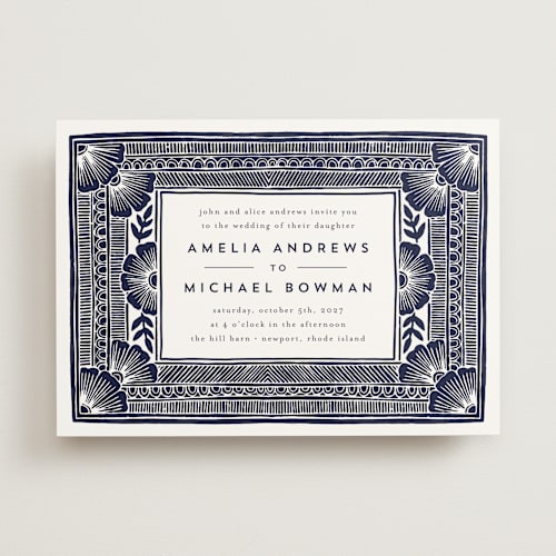 This is a navy wedding invitations with standard by Katharine Watson called block print frame printing on signature in standard