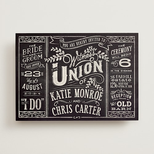 This is a chalkboard wedding invitations with standard by GeekInk Design called slated forever printing on signature in standard