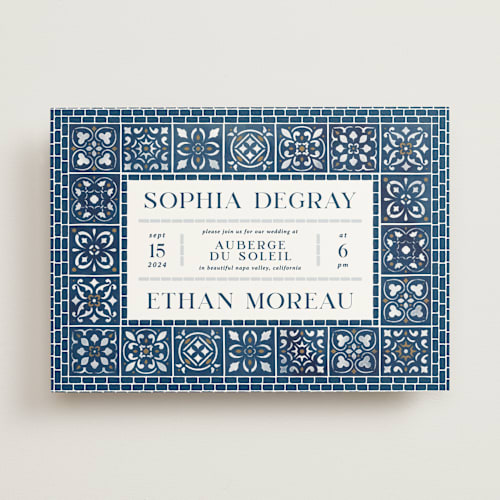 This is a ocean wedding invitations with standard by GeekInk Design called mediterranean tiles printing on signature in standard
