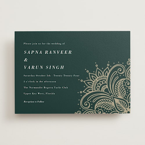 This is a cardamom wedding invitations with standard by Oma N. Ramkhelawan called engraved paisley printing on signature in standard