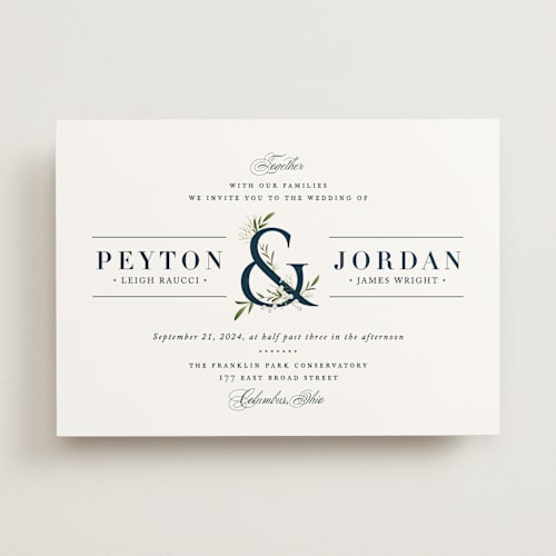 This is a navy wedding invitations with standard by Jennifer Postorino called adorned ampersand printing on signature in standard