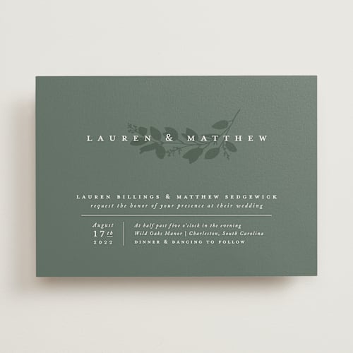 This is a eucalyptus wedding invitations with standard by Amy Kross called falling branch printing on signature in standard