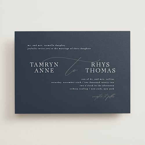 This is a nightfall wedding invitations with standard by Jula Paper Co. called waltz printing on signature in standard