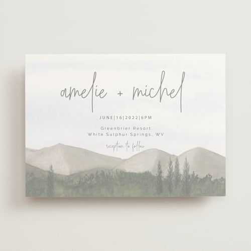 This is a splendid day wedding invitations with standard by Deborah Chou called muted mountains printing on signature in standard