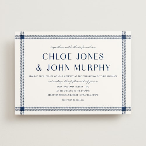 This is a navy wedding invitations with standard by Kerry Doyle called window pane check printing on signature in standard