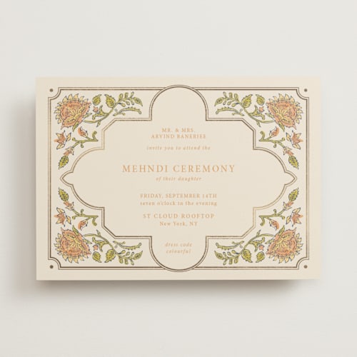 This is a ochre foil stamped wedding invitations with foil pressed by Hannah Bowman called marigold printing on signature in standard