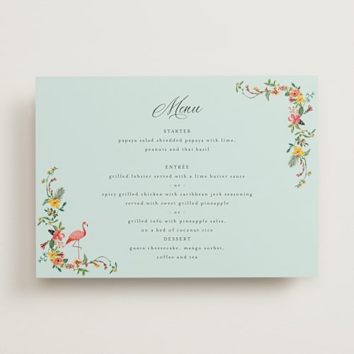 This is a papaya menu cards with standard by Susan Moyal called tropical crest printing on signature in 5x7