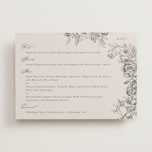 This is a stone menu cards with standard by Phrosné Barwood called etched floral printing on signature in standard