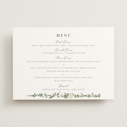 This is a coastal menu cards with standard by Susan Moyal called hydrangea vine printing on signature in 5x7