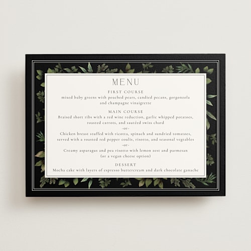This is a black tie menu cards with standard by Susan Moyal called botanical love printing on signature in 5x7