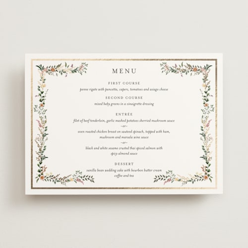 This is a blush menu cards with foil pressed by Susan Moyal called blooming vine printing on signature in 5x7