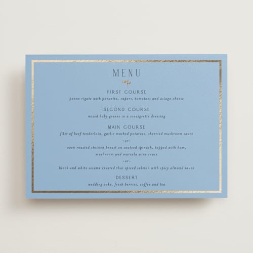 This is a coastal menu cards with foil pressed by Susan Moyal called garden whisper printing on signature in 5x7