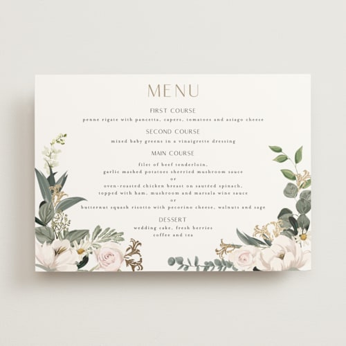This is a verdant menu cards with foil pressed by Susan Moyal called country garden printing on signature in standard