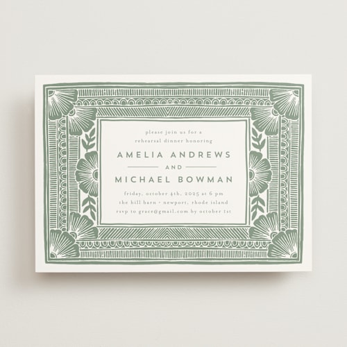 This is a sage rehearsal dinner invitations with standard by Katharine Watson called block print frame printing on signature in standard