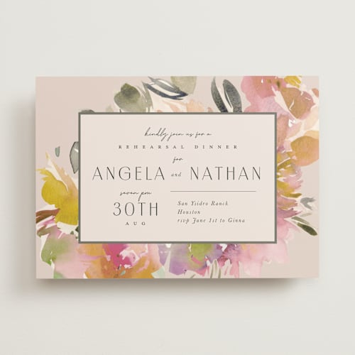 This is a garden rehearsal dinner invitations with standard by Lori Wemple called bouquet printing on signature in standard